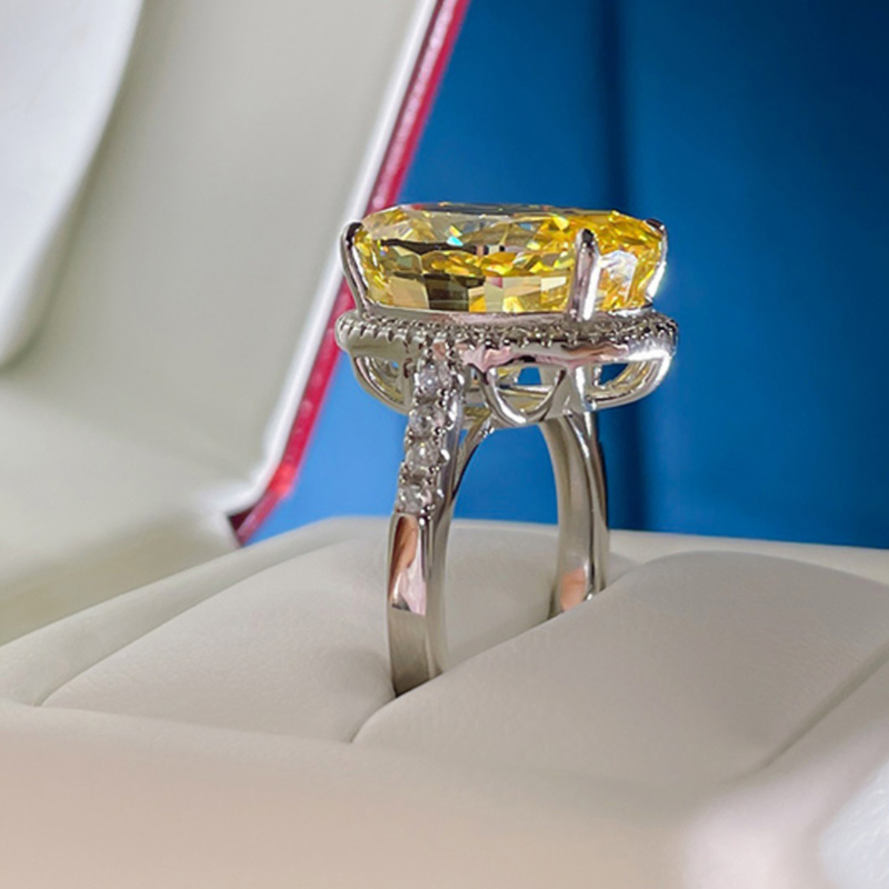 14Ct Yellow Oval Cut Pave Halo Setting Ring-Sterling Silver-lornajewelry