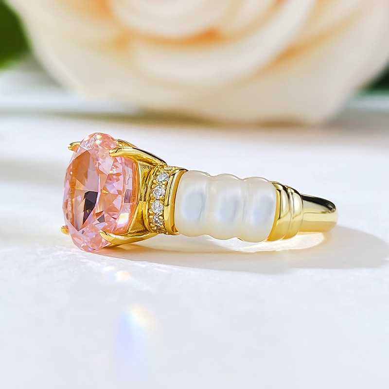 1.5Ct Pink Oval Cut Pave Setting with Mother of Pearl Ring-Sterling Silver-lornajewelry