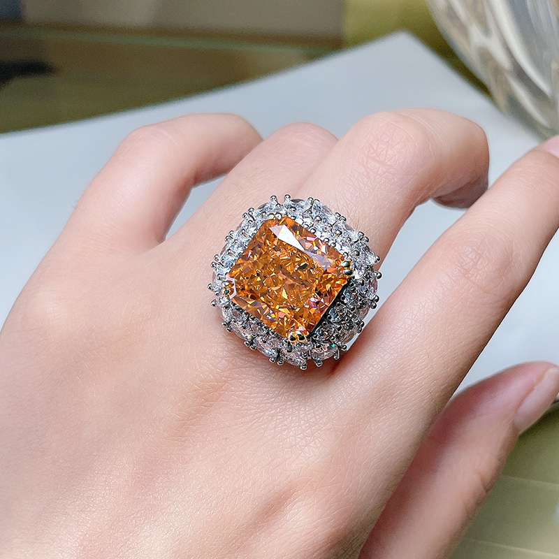 14Ct Luxury Orange Radiant Cut Halo Setting Ring-Sterling Silver-lornajewelry