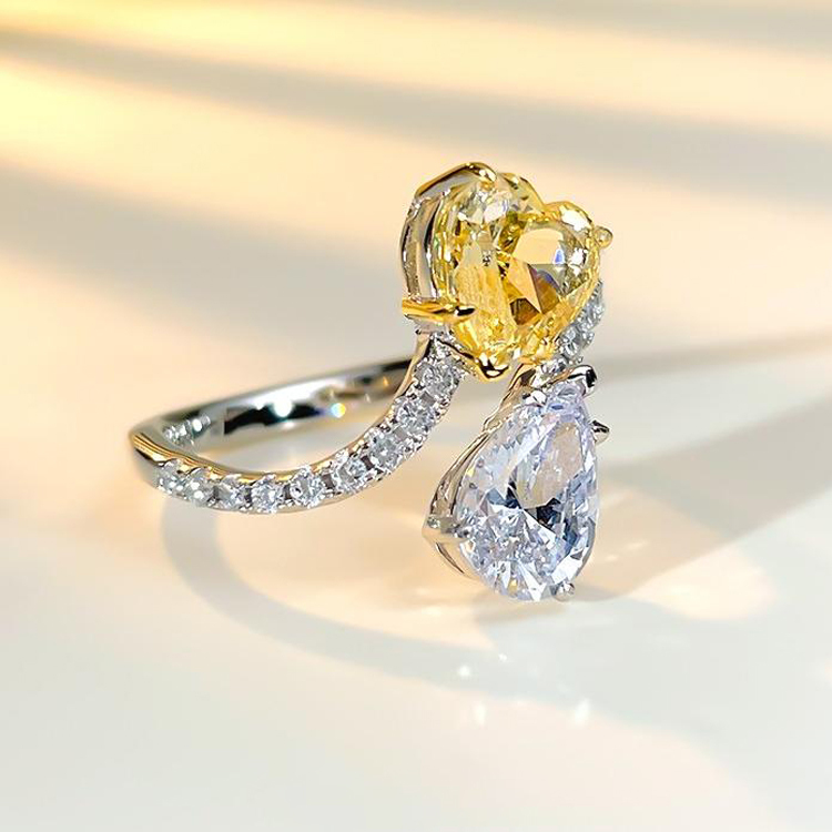 1Ct+1Ct Yellow Heart and White Pear Cut Bypass Ring-Sterling Silver-lornajewelry