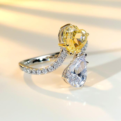 1Ct+1Ct Yellow Heart and White Pear Cut Bypass Ring-Sterling Silver-lornajewelry