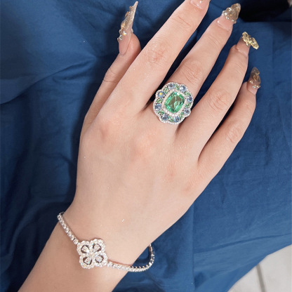 4Ct Luxury Cushion Green Tourmaline Gemstone Ring Secret Garden Vibrant Blue Green Halo-Sterling Silver-lornajewelry