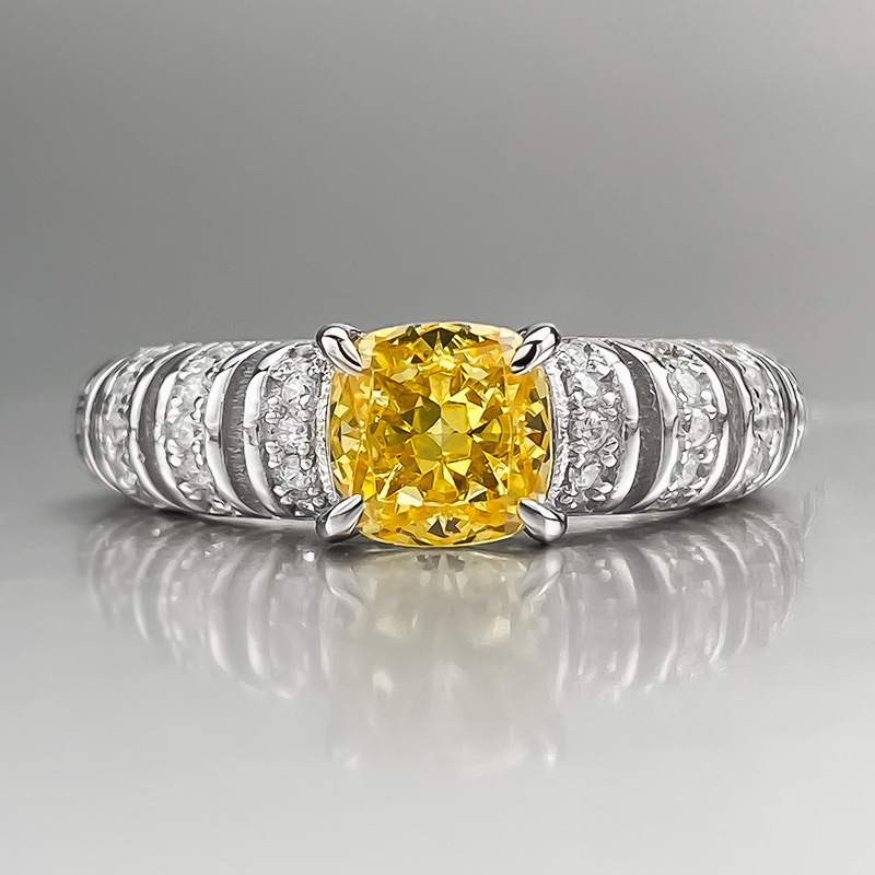 1Ct Luxury Yellow Cushion Gemstone Ring White Accent Band-Sterling Silver-lornajewelry