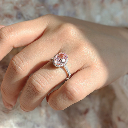 2.5Ct Oval Pink Gemstone Halo Ring Silver Band-Sterling Silver-lornajewelry