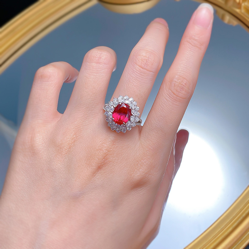 3.5Ct Oval Cut Red Gemstone Floral Diamond Halo Ring-Sterling Silver-lornajewelry
