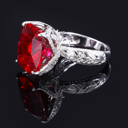 16Ct Ruby Cushion Cut Leaf Motif Vintage Style Ring-Sterling Silver-lornajewelry