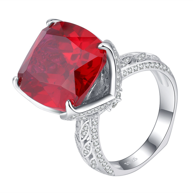 16Ct Ruby Cushion Cut Leaf Motif Vintage Style Ring-Sterling Silver-lornajewelry
