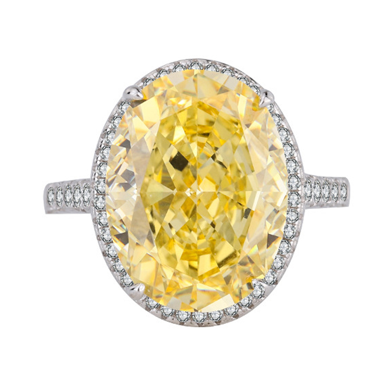 14Ct Yellow Oval Cut Pave Halo Setting Ring-Sterling Silver-lornajewelry