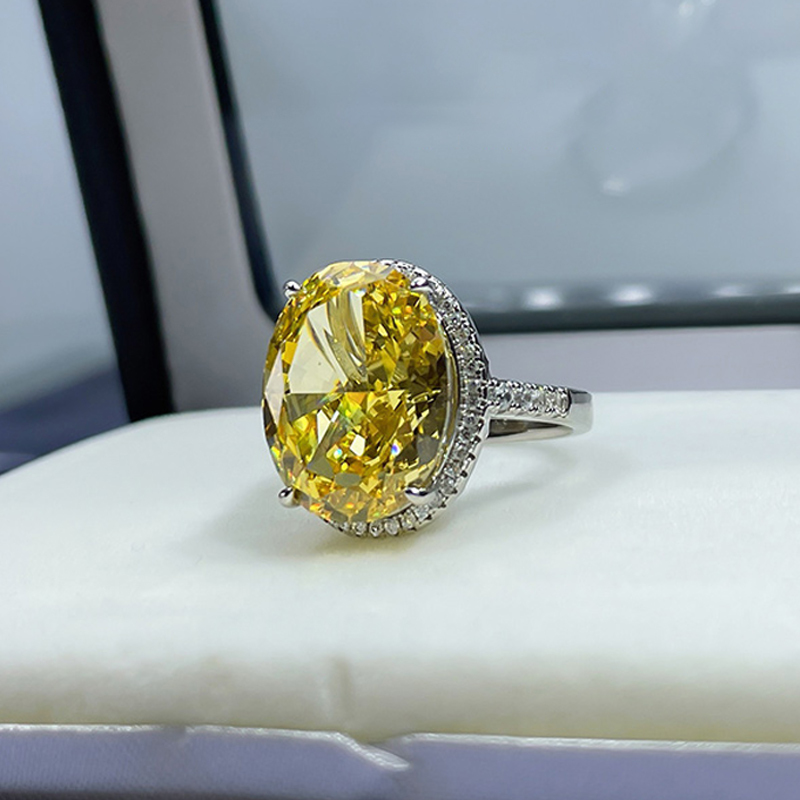 14Ct Yellow Oval Cut Pave Halo Setting Ring-Sterling Silver-lornajewelry