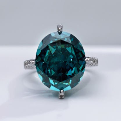 11Ct Green Oval Cut Pave Setting Ring-Sterling Silver-lornajewelry
