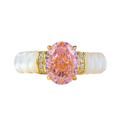 1.5Ct Pink Oval Cut Pave Setting with Mother of Pearl Ring-Sterling Silver-lornajewelry