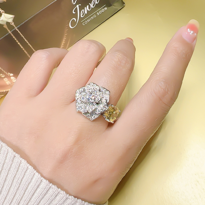 3Ct Yellow Cushion Cut Floral Pave Ring-Sterling Silver-lornajewelry