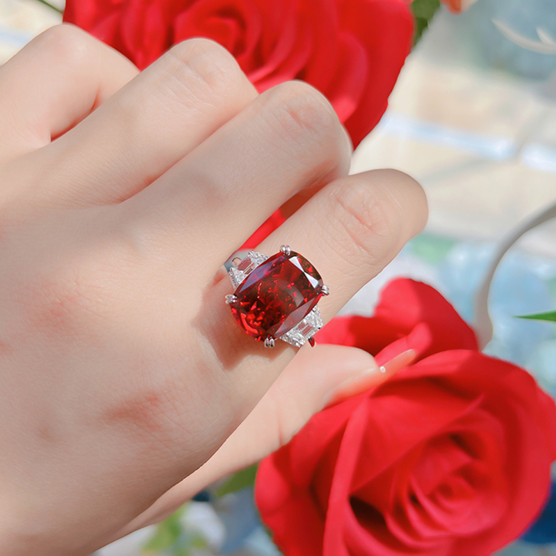 9Ct Ruby Cushion Cut Three-Stone Ring-Sterling Silver-lornajewelry