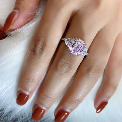 4Ct Pink Emerald Cut Three-Stone Ring-Sterling Silver-lornajewelry