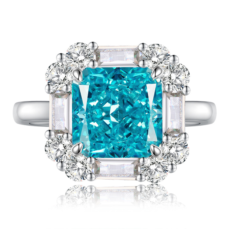 3Ct Aquamarine Blue Radiant Cut Cluster Halo Ring-Sterling Silver-lornajewelry