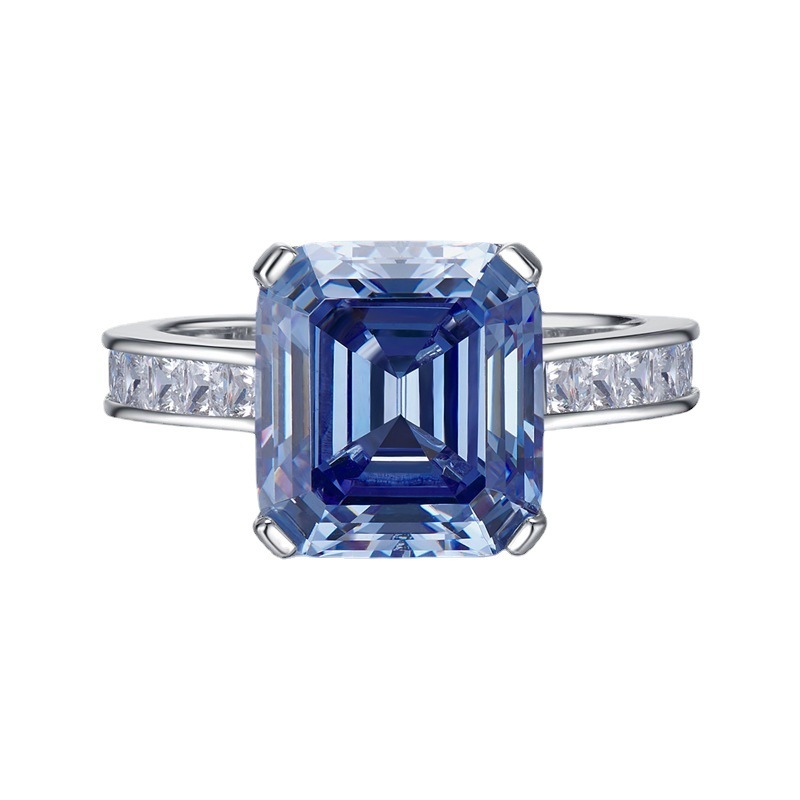 5.5Ct Blue Asscher Cut Pave Ring-Sterling Silver-lornajewelry
