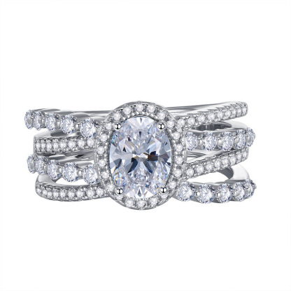 1Ct White Oval Cut Triple Band Halo Ring-Sterling Silver-lornajewelry