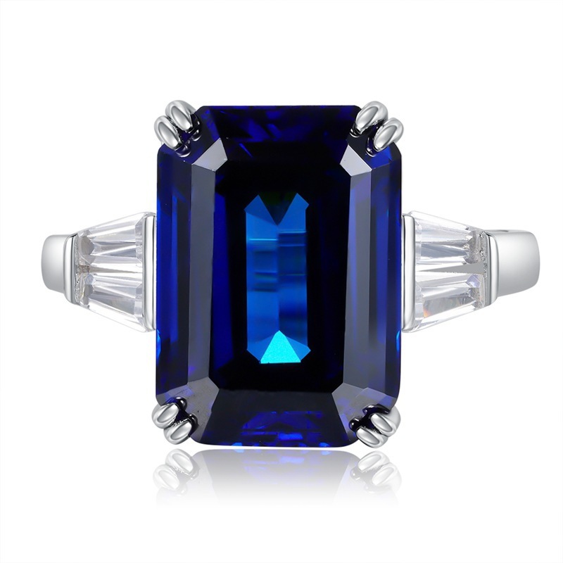 7Ct Blue Emerald Cut Three-Stone Ring-Sterling Silver-lornajewelry