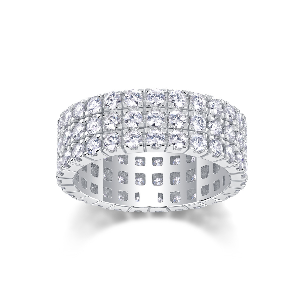Moissanite Triple Row Pave Full Eternity Wedding Band Stackable Ring-Sterling Silver-lornajewelry
