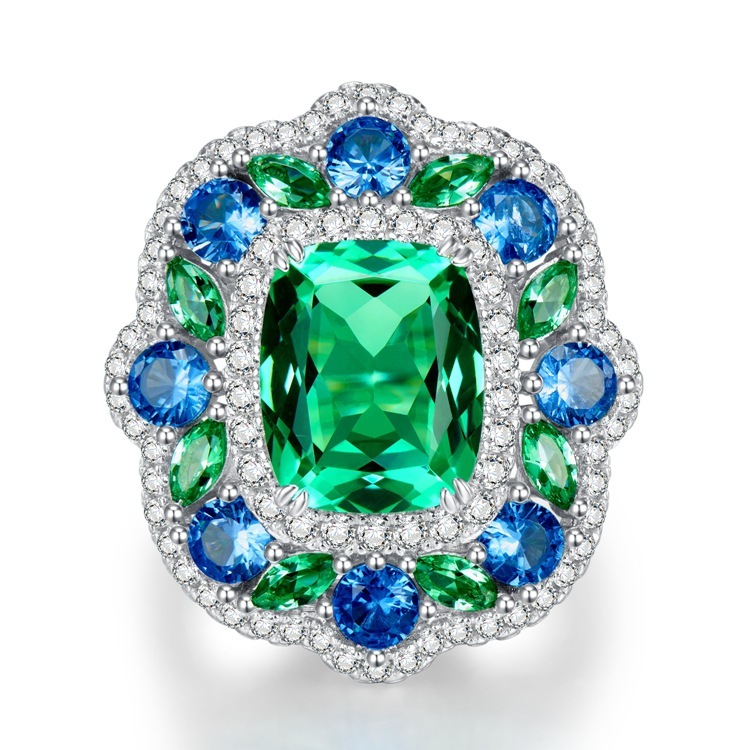 4Ct Luxury Cushion Green Tourmaline Gemstone Ring Secret Garden Vibrant Blue Green Halo-Sterling Silver-lornajewelry