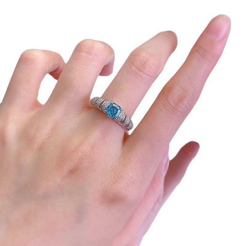 1Ct Luxury Aquamarine Blue Cushion Gemstone Ring White Accent Band-Sterling Silver-lornajewelry