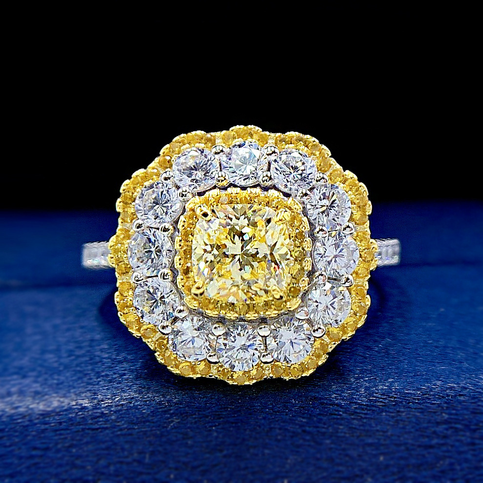 2Ct Cushion Cut Double Halo Yellow Gemstone Ring-Sterling Silver-lornajewelry
