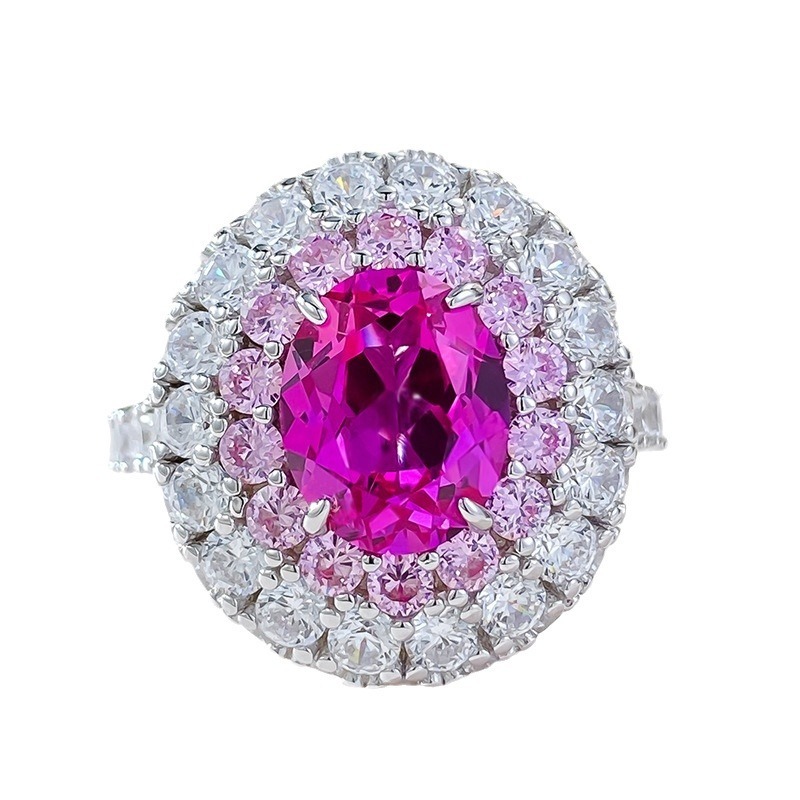 3.5Ct Luxury Fuchsia Oval Stone Ring Double Halo Design-Sterling Silver-lornajewelry