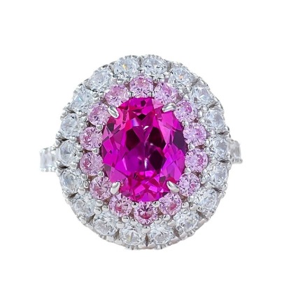 3.5Ct Luxury Fuchsia Oval Stone Ring Double Halo Design-Sterling Silver-lornajewelry