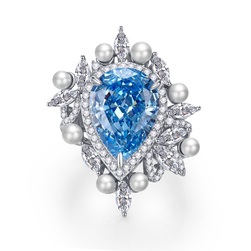 8Ct Luxury Pear Cut Aquamarine Pearl Accents Ring-Sterling Silver-lornajewelry