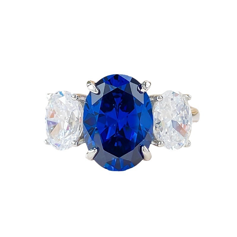 4Ct Elegant Blue Oval Gemstone Three-Stone Ring-Sterling Silver-lornajewelry