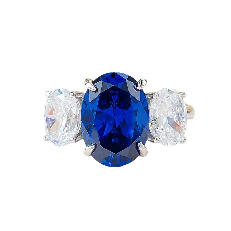 4Ct Elegant Blue Oval Gemstone Three-Stone Ring-Sterling Silver-lornajewelry