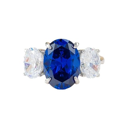 4Ct Elegant Blue Oval Gemstone Three-Stone Ring-Sterling Silver-lornajewelry