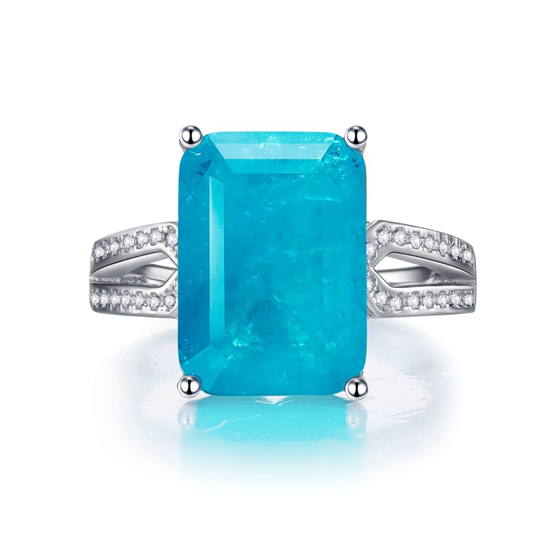 7Ct Paraiba Blue Emerald Cut Gemstone Split Shank Ring-Sterling Silver-lornajewelry