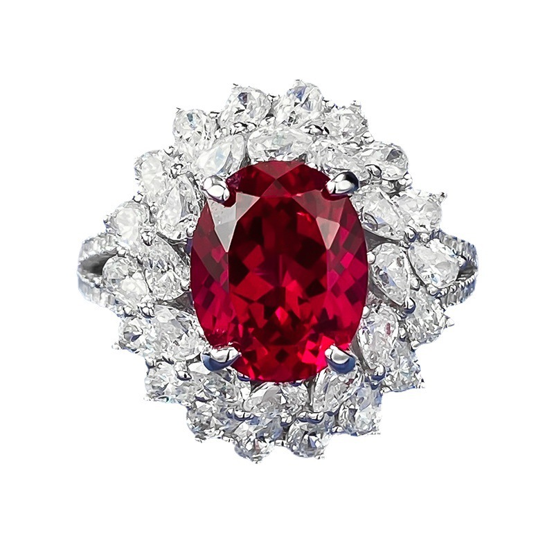3.5Ct Oval Cut Red Gemstone Floral Diamond Halo Ring-Sterling Silver-lornajewelry