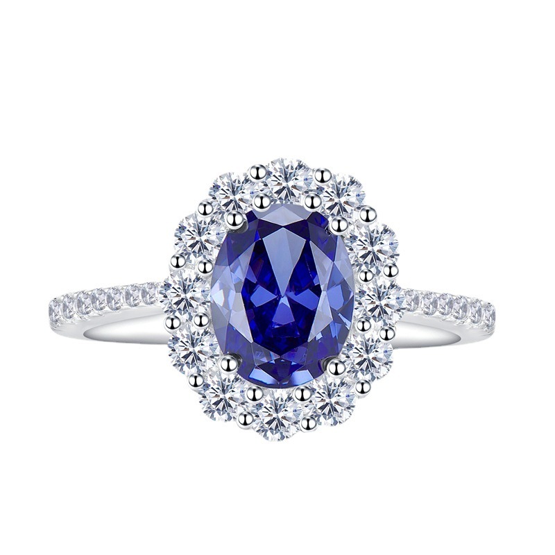 2.5Ct Oval Cut Blue Gemstone Halo Design Ring-Sterling Silver-lornajewelry