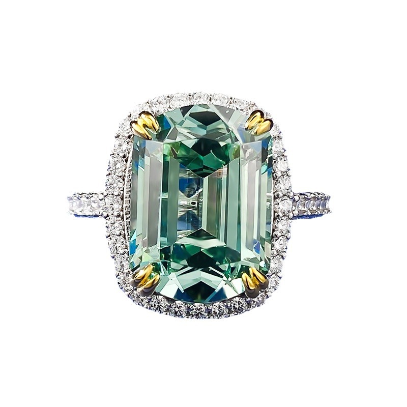7Ct Emerald Cut Green Tourmaline Halo Design Ring-Sterling Silver-lornajewelry