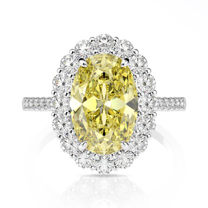 3Ct Oval Cut Yellow Halo Pave Setting Gemstone Ring-Sterling Silver-lornajewelry