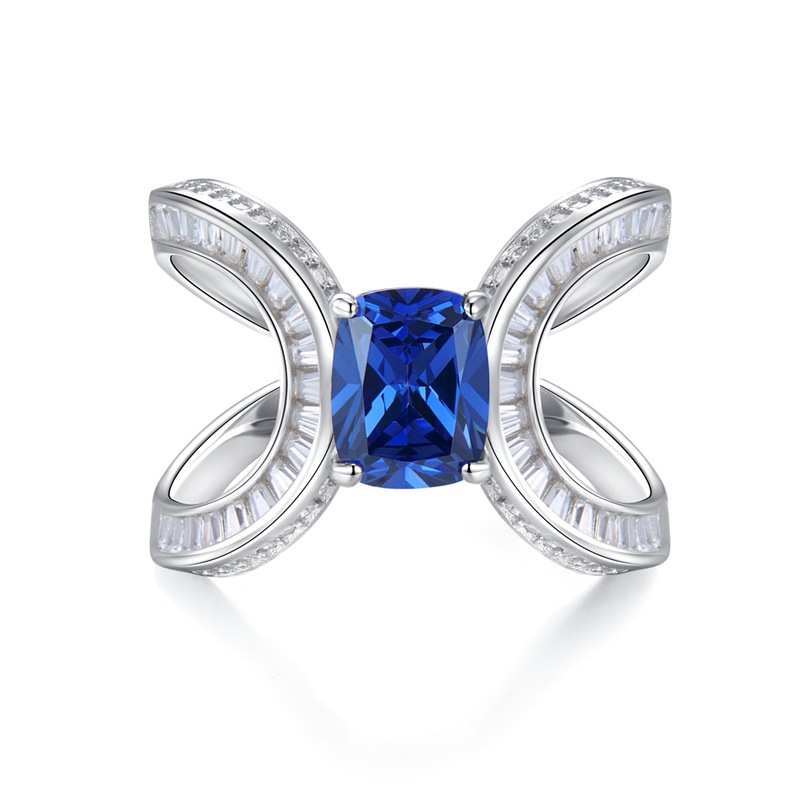 2Ct Blue Sapphire Cushion Cut Diamond Accent Unique Design Ring-Sterling Silver-lornajewelry