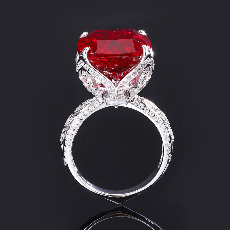 16Ct Ruby Cushion Cut Leaf Motif Vintage Style Ring-Sterling Silver-lornajewelry