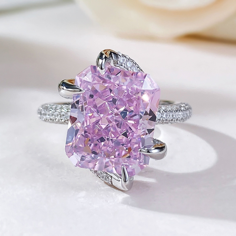 6Ct Pink Radiant Cut Pave Ring-Sterling Silver-lornajewelry