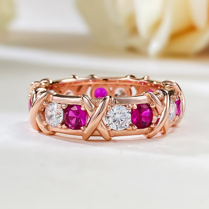 Rose Ruby and White Round Cut X-Prong Setting Rose Gold Band-Sterling Silver-lornajewelry