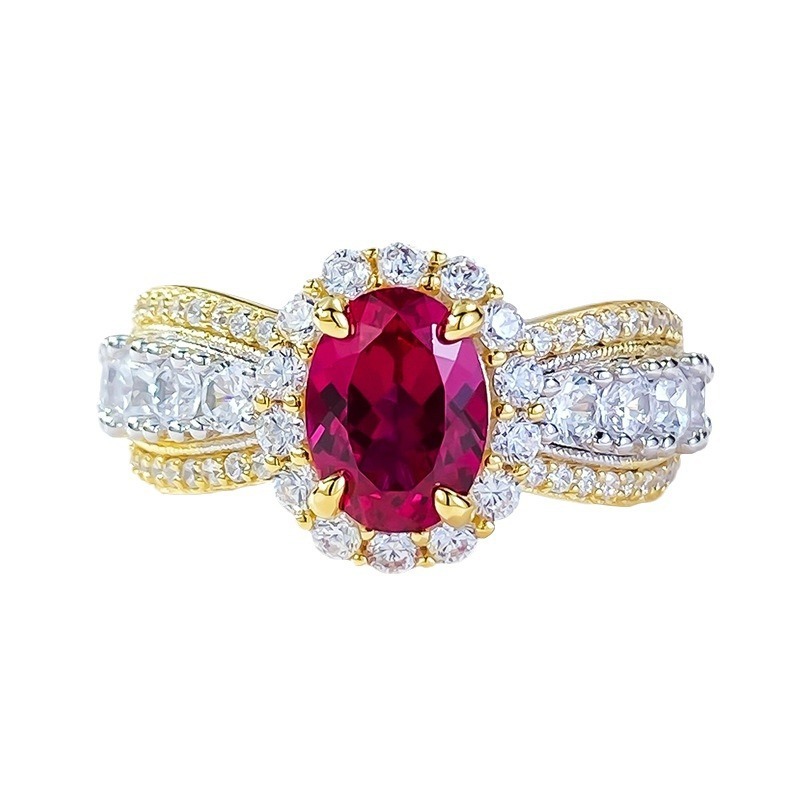 2Ct Luxury Oval Red Stone Halo Accent Ring in Gold-Sterling Silver-lornajewelry
