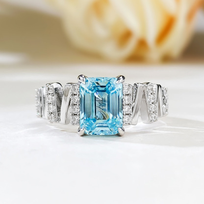 2Ct Emerald Cut Aquamarine Gemstone Ring-Sterling Silver-lornajewelry