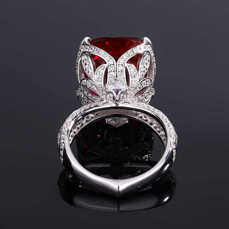 16Ct Ruby Cushion Cut Leaf Motif Vintage Style Ring-Sterling Silver-lornajewelry