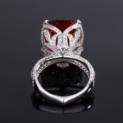 16Ct Ruby Cushion Cut Leaf Motif Vintage Style Ring-Sterling Silver-lornajewelry