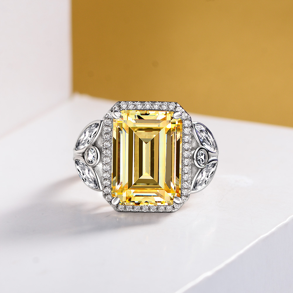 7Ct Yellow Emerald Cut Side Stone Halo Setting Ring-Sterling Silver-lornajewelry