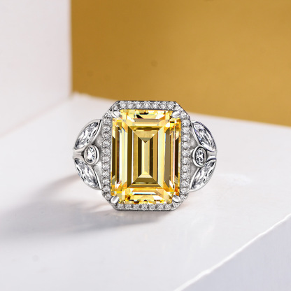 7Ct Yellow Emerald Cut Side Stone Halo Setting Ring-Sterling Silver-lornajewelry