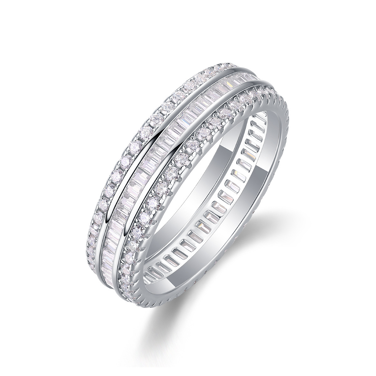 Moissanite Emerald Cut and Round Cut Triple Row Channel Setting Band Stackable Ring-Sterling Silver-lornajewelry