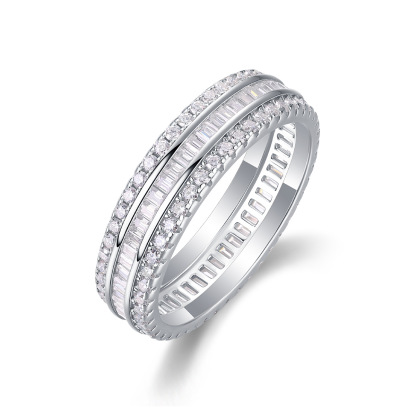 Moissanite Emerald Cut and Round Cut Triple Row Channel Setting Band Stackable Ring-Sterling Silver-lornajewelry