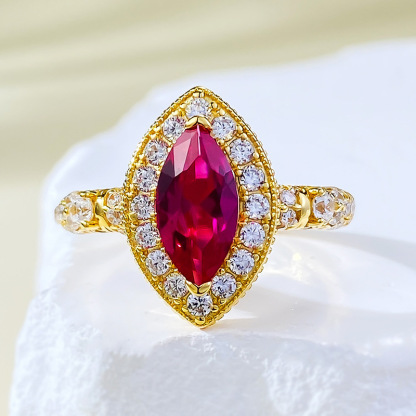 1Ct Luxury Red Marquise Stone Halo Ring Gold Band-Sterling Silver-lornajewelry